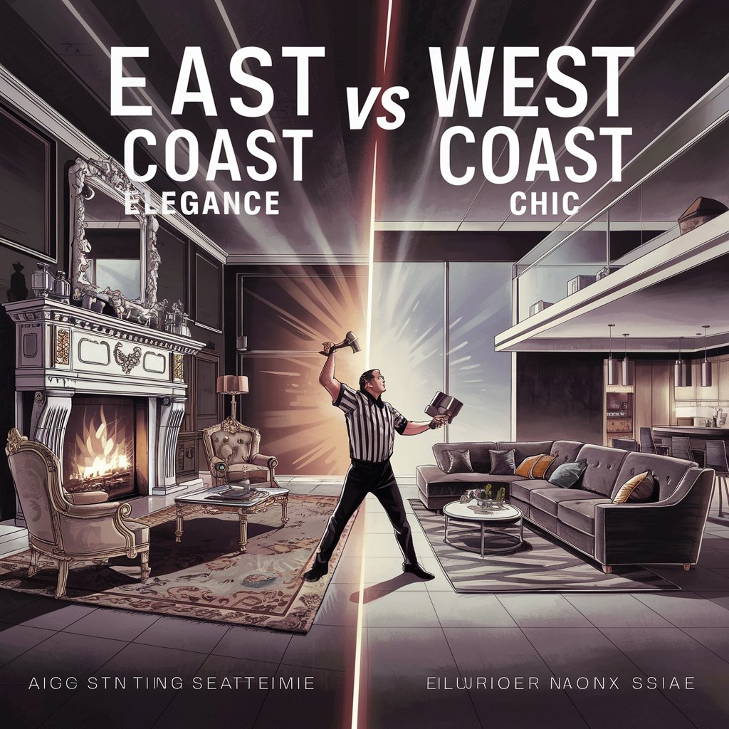 A captivating cover illustration featuring a battle between two iconic home decor styles: East Coast elegance and West Coast chic. In one corner, a luxurious, traditional living room with a grand fireplace and ornate furnishings