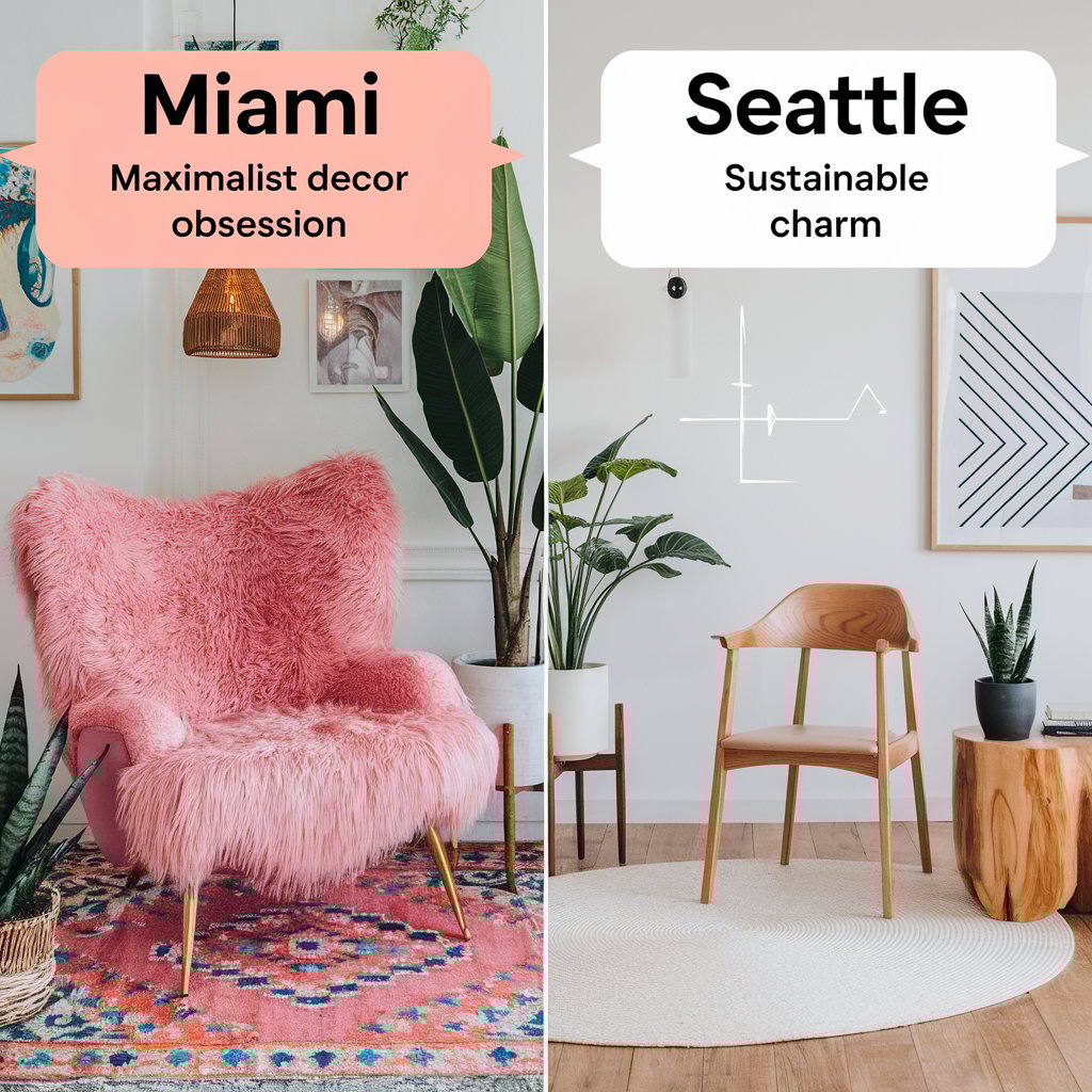 A cover image with infographics comparing Miami's maximalist decor obsession with Seattle's sustainable charm. There's a large pink fluffy chair in the Miami side, with a bright patterned rug, and a plant. 