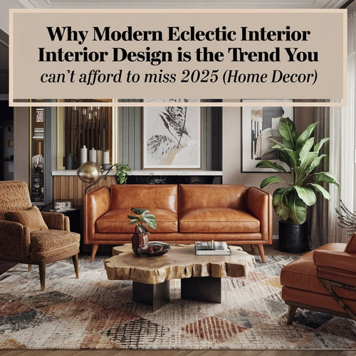 A cover image of an interior design magazine. The image is of a modern eclectic living room with a mix of styles, including modern, vintage, and rustic pieces. 