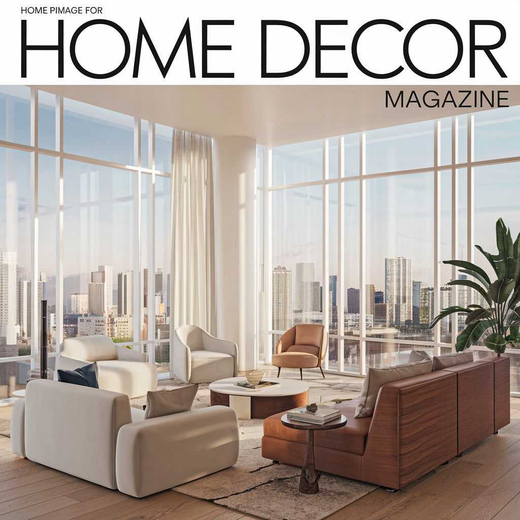 A cover image for a home decor magazine. There is a modern apartment with a minimalist design. The room has large windows with a view of a city skyline. The furniture is a mix of white and wood tones. There is a plant in the room
