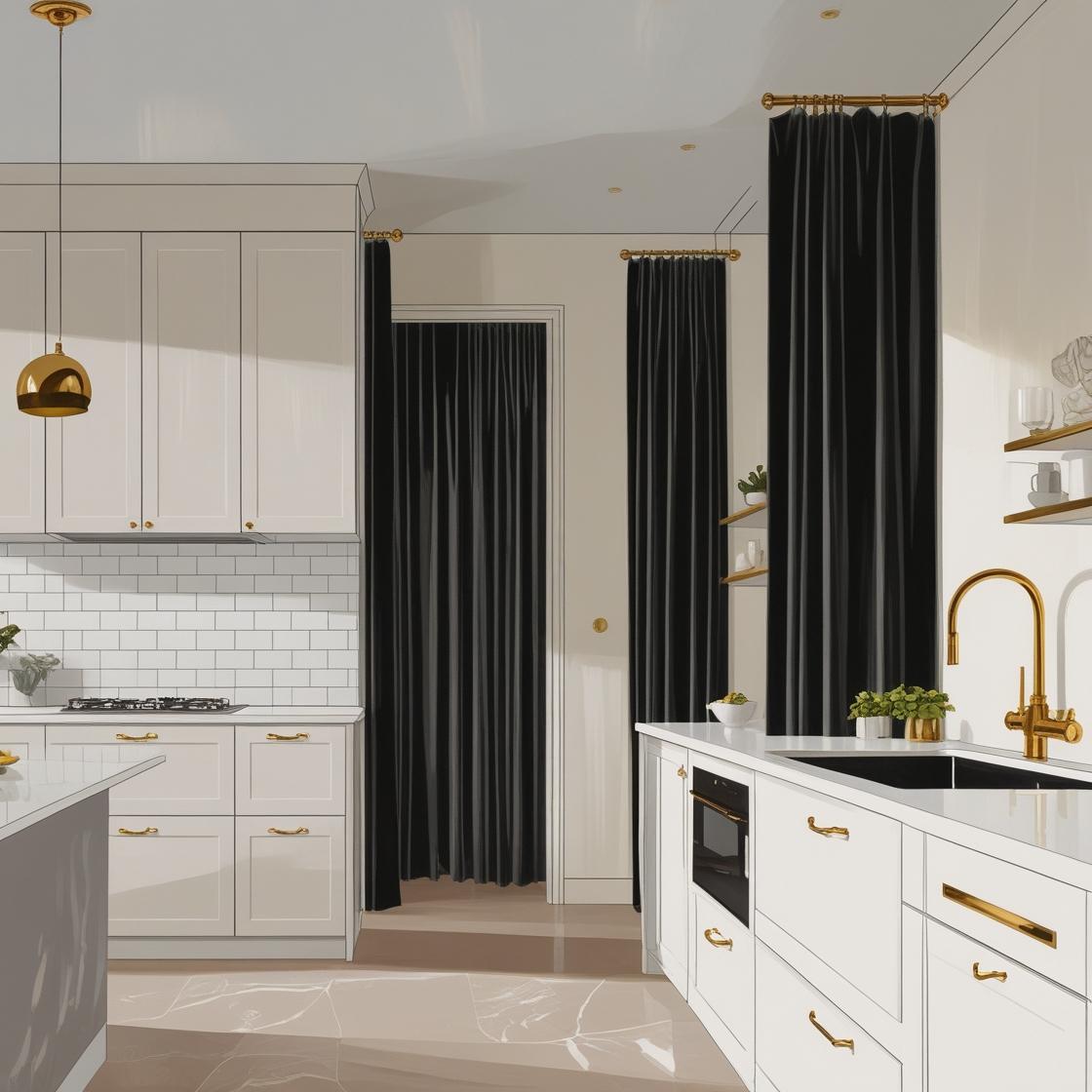 unified kitchen-living space; on the other side, a sleek contrast kitchen design with black velvet cabinet curtains.