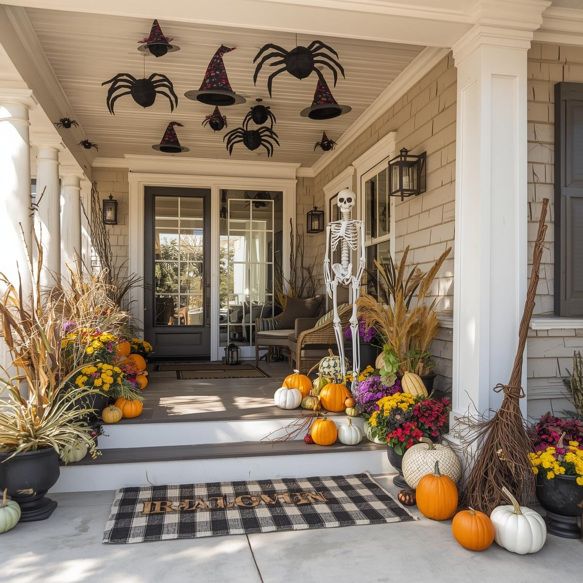 A sunny porch with spiders, pumpkins, and a skeleton holding a broom.