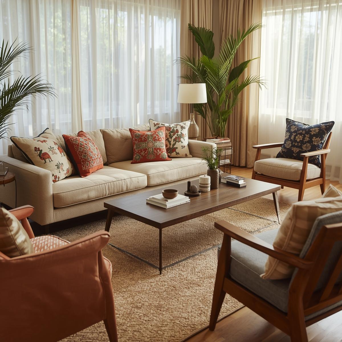 Cozy living room with layered cushions and throws for warmth and style.