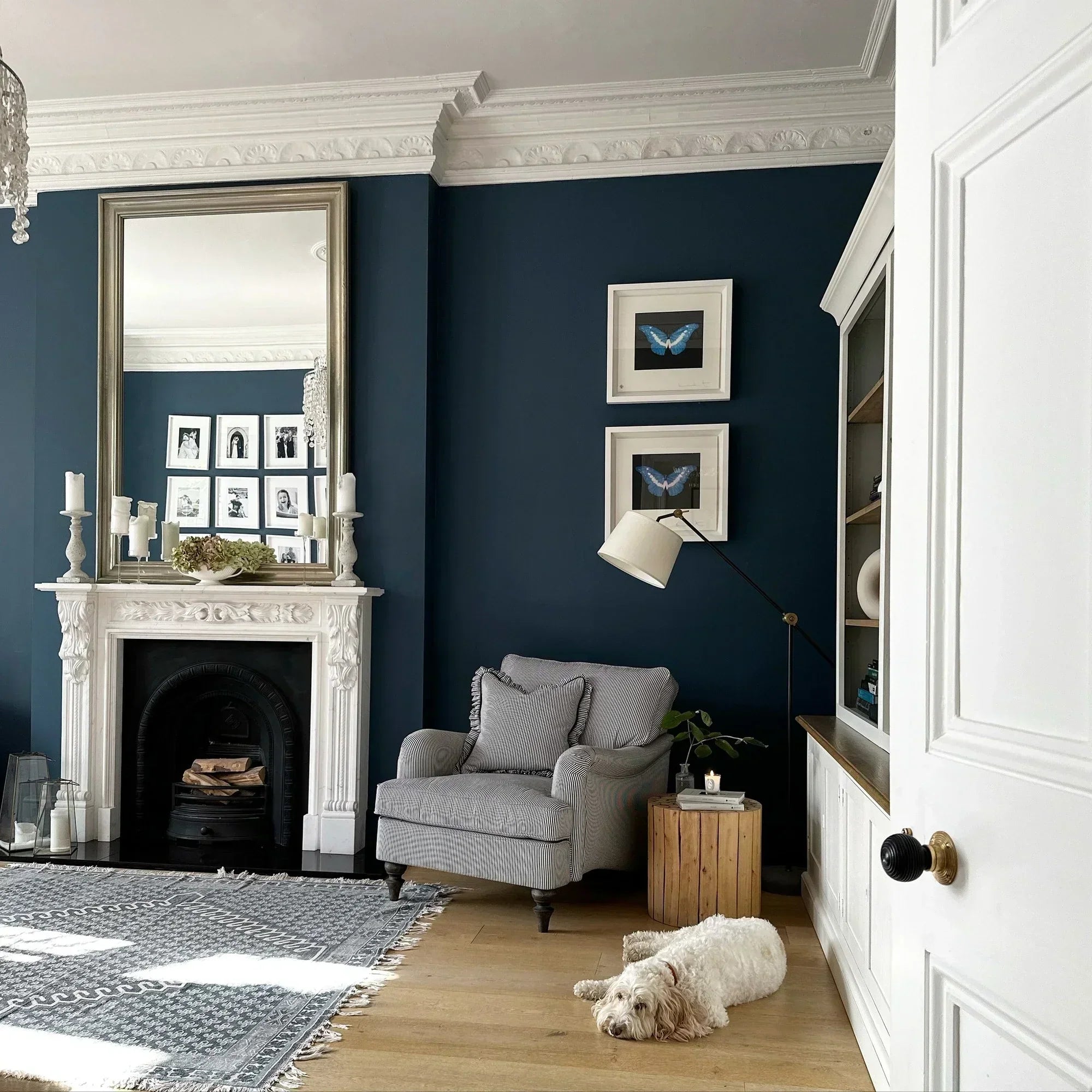 A sophisticated and moody living room with deep navy-blue walls. A white ornate fireplace adds classic elegance, complemented by a large silver-framed mirror reflecting the natural light.