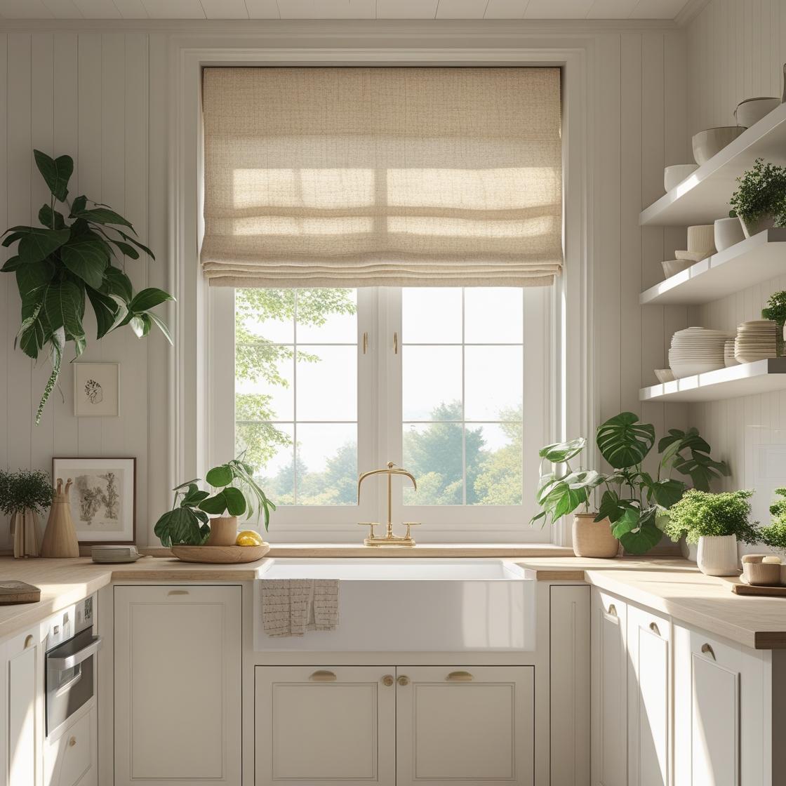 Modern American living room with soft linen Roman window shades and minimalist decor.