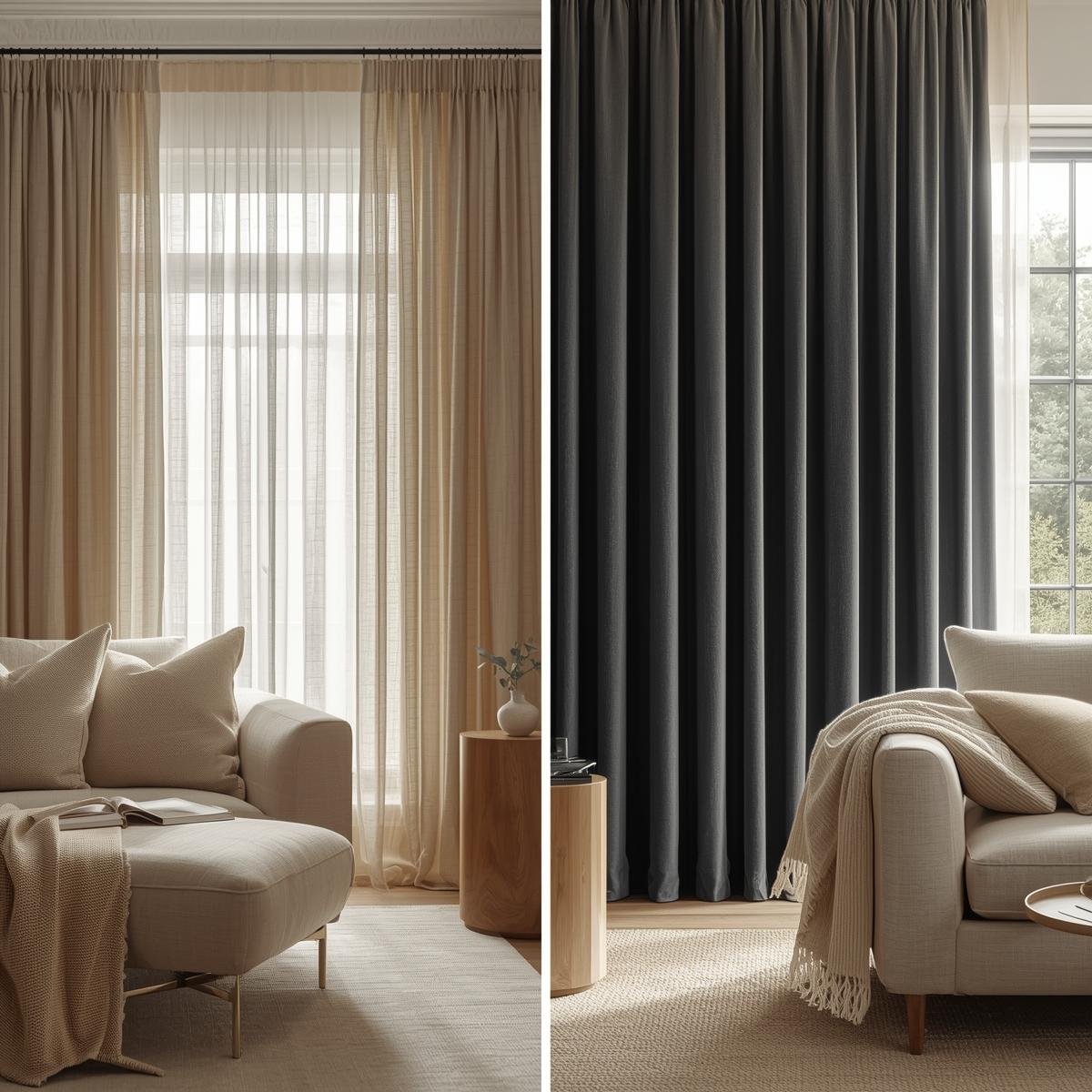 Modern living room with sheer flowy curtains allowing natural light to filter in, creating a cozy and inviting atmosphere.