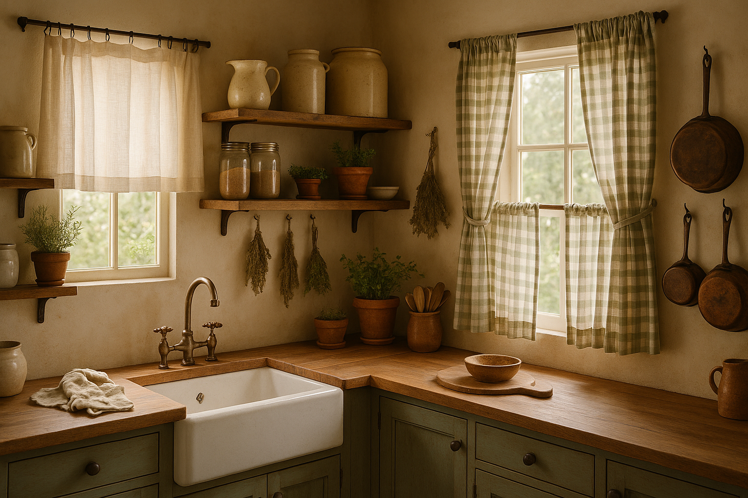 Cozy breakfast nook featuring small window decor with patterned curtains and farmhouse wall art.