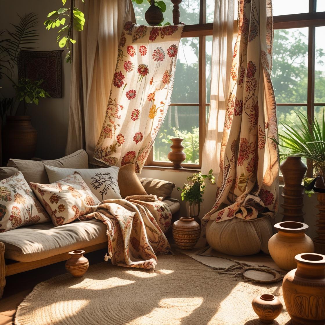 Create a warm, nature-inspired interior scene showcasing handcrafted Indian home decor. The space should feature floral block-printed pillows, hand block-printed drapes.