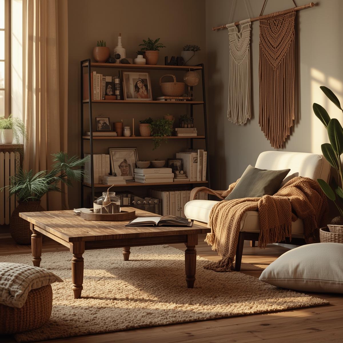 A cozy living room with vintage and eco-friendly décor, personalized touches like family photos, plants, and handmade DIY items, creating a warm and welcoming atmosphere