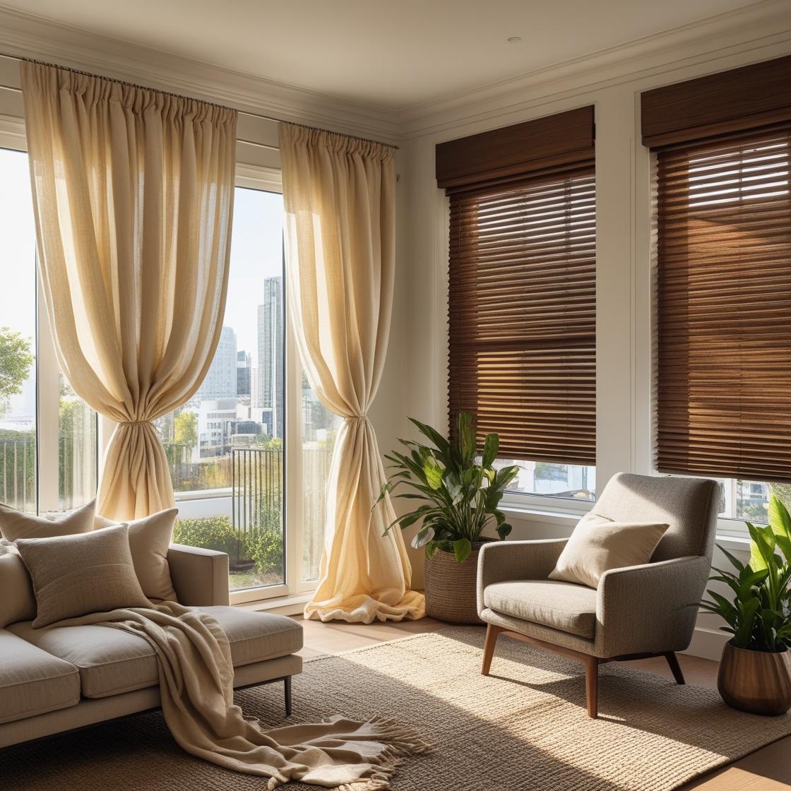 A modern, stylish living room interior showcasing elegant window treatments. One window features flowing, soft linen bespoke curtains in a neutral tone, while the adjacent window displays sleek.