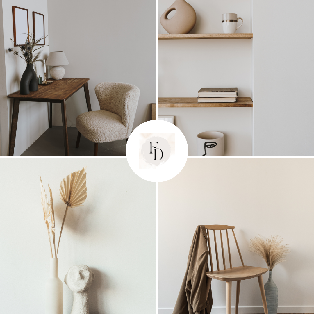 A wooden coffee table with stacked design books, soft woven rugs, and lush greenery create an inviting and trendy ambiance, reflecting Fabdivine's stylish interior decor solutions.