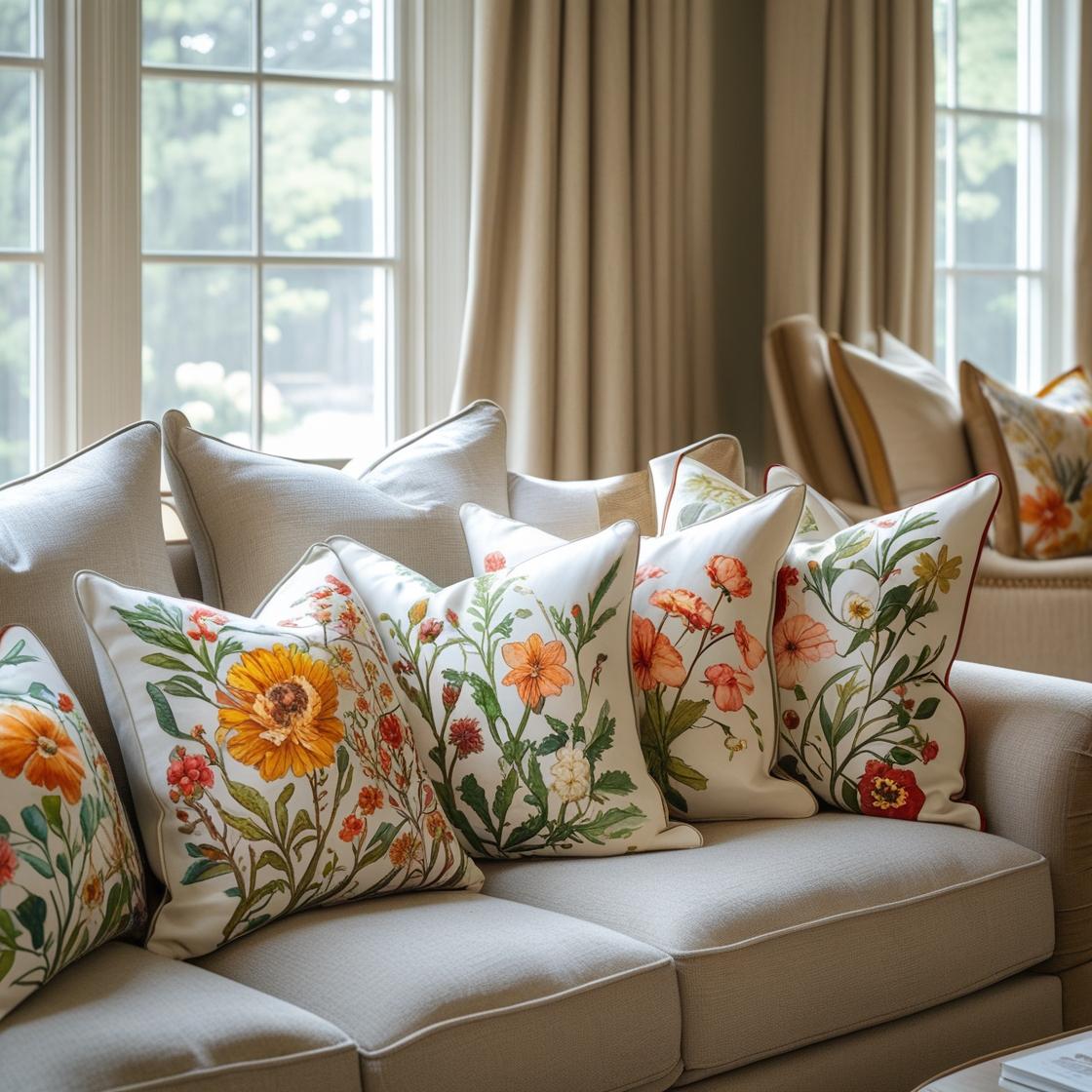 A modern American living room in 2025 featuring a sofa decorated with vibrant floral pillow covers, adding color and warmth to the neutral-toned space. 