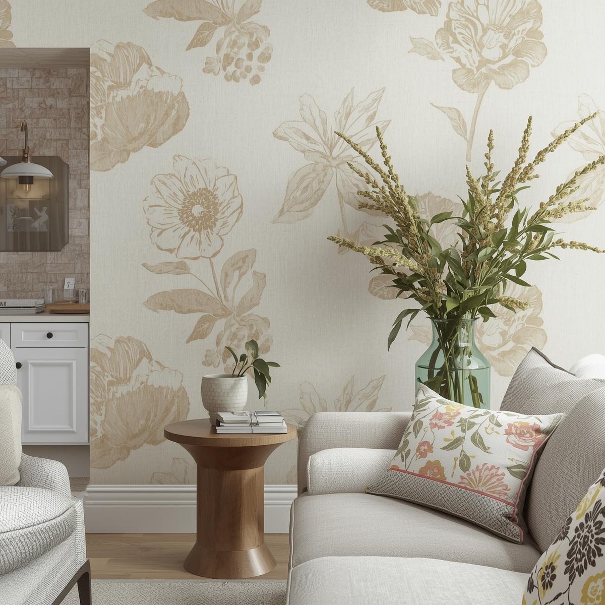 Modern living room with bold floral wallpaper in creamy tones, accented by linen fabrics and a 3-drawer storage unit, reflecting 2025 home decor trends in the USA.