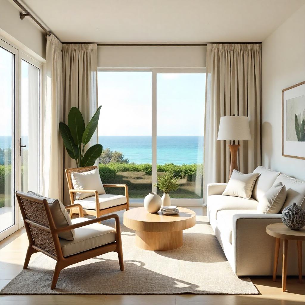 A modern coastal living room styled for 2025, featuring a refined color palette inspired by nature. The room includes soft sandy beiges, driftwood browns, seafoam greens, and misty blues.