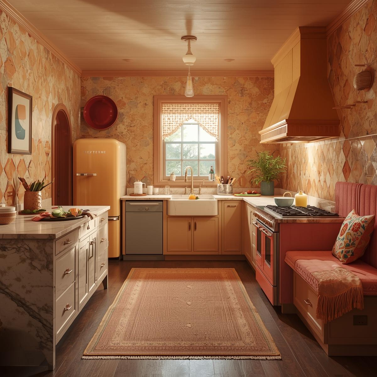 Vintage kitchen with rustic Roman blinds and cozy handcrafted textiles