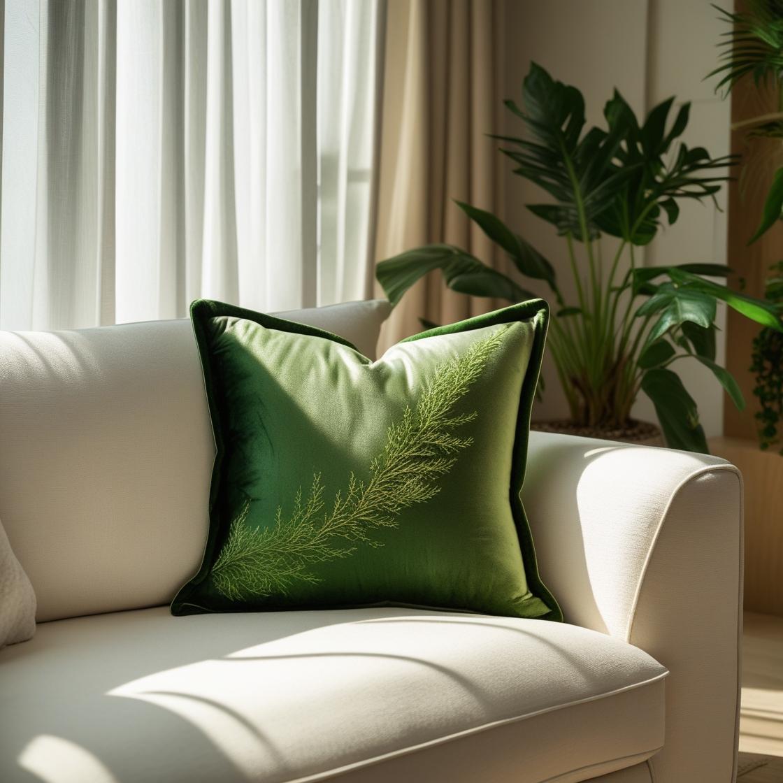 Plush deep moss green pillow on a cream sofa in a modern living room with warm sunlight and indoor plants.