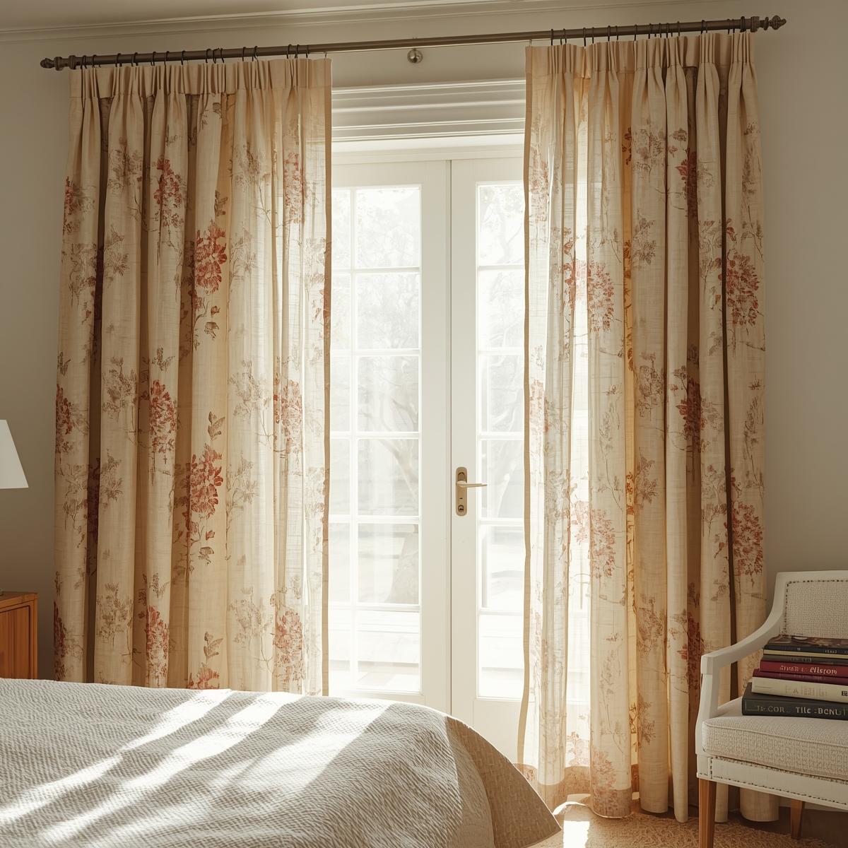 Modern living room with earthy tones and hand-printed floral linen curtains letting in soft sunlight.