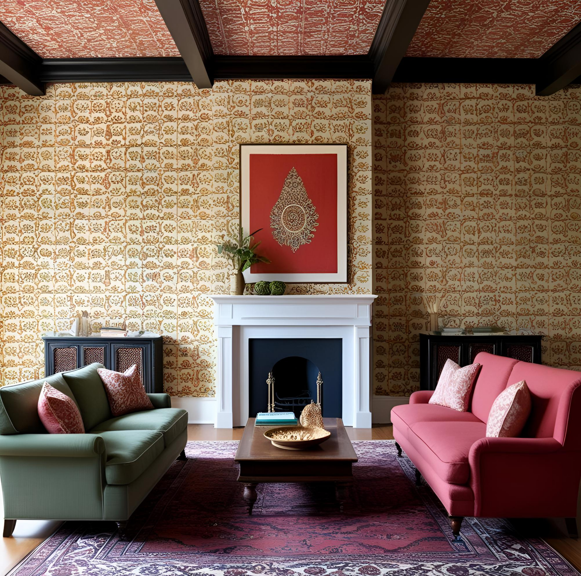 The room includes a green and a rose-red sofa, a central wooden coffee table, and a white fireplace framed by classic artwork. The rich, patterned rug and subtle lighting complete the refined, traditional decor.