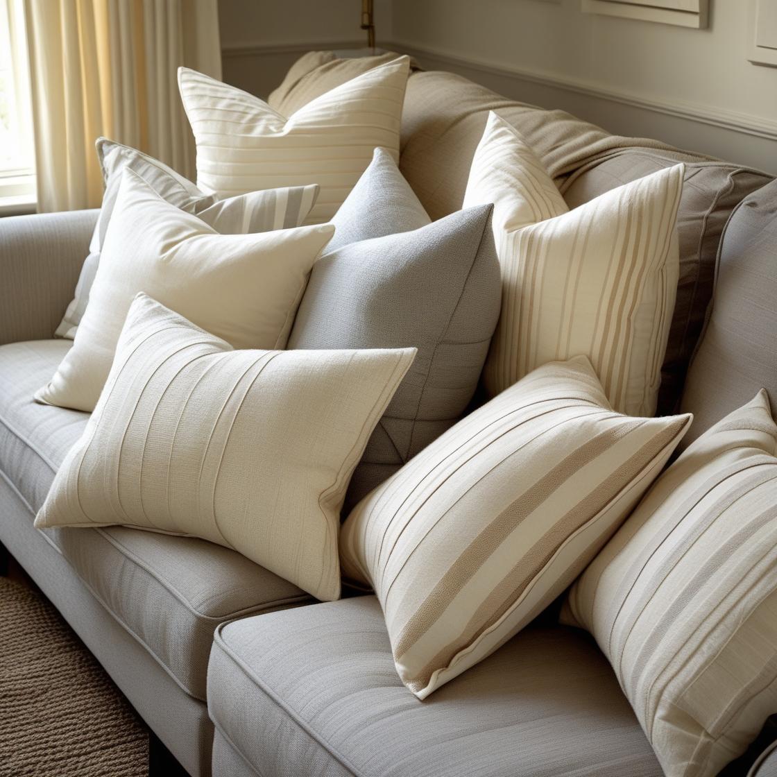 7 oversized cotton throw pillow covers in soft, natural shades: cream, sand, light grey, and warm beige, including solid and striped patterns.