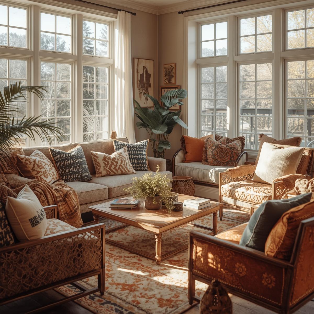 Balcony with colorful, weather-resistant cushions, extending indoor style outdoors.