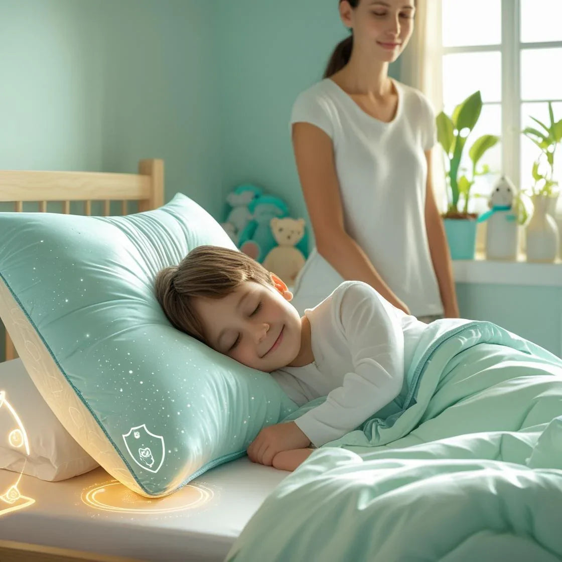 softly lit children's bedroom with a calming pastel color palette child sleeping on a plush, hypoallergenic pillow with a gentle smile.