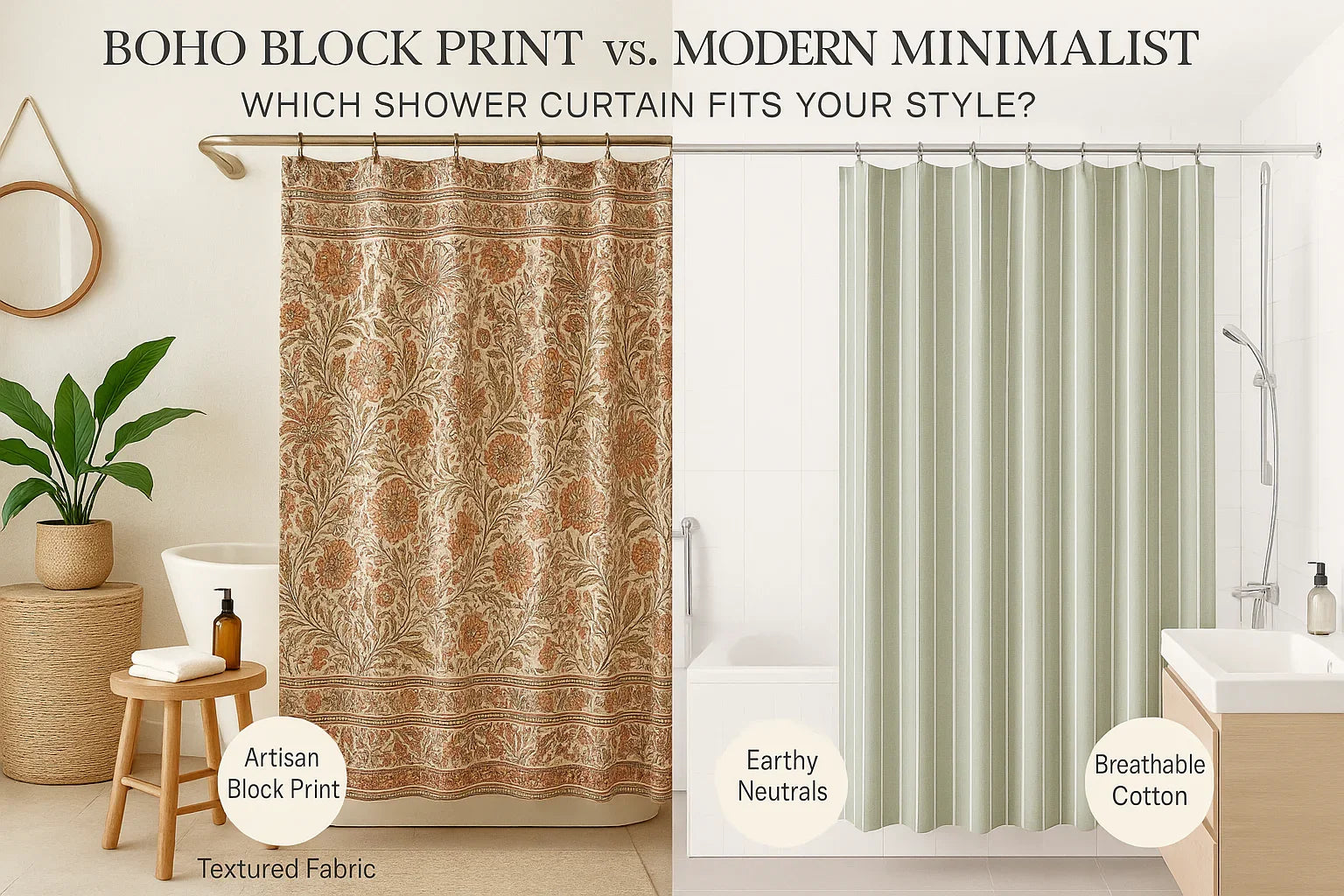 floral block print shower curtain and a sage green striped curtain, showcasing boho vs. minimalist bathroom styles with labeled features and soft neutral decor