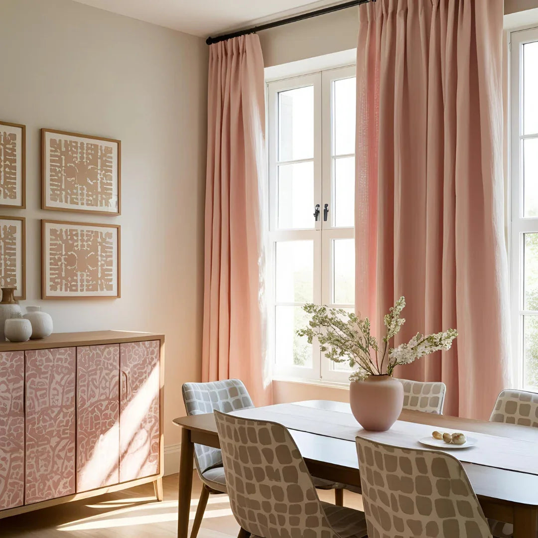 A modern dining room with floor-length pink curtains hanging from a black rod. The space features a wooden dining table, patterned upholstered chairs, and minimalist wall art, creating a soft and elegant ambiance.