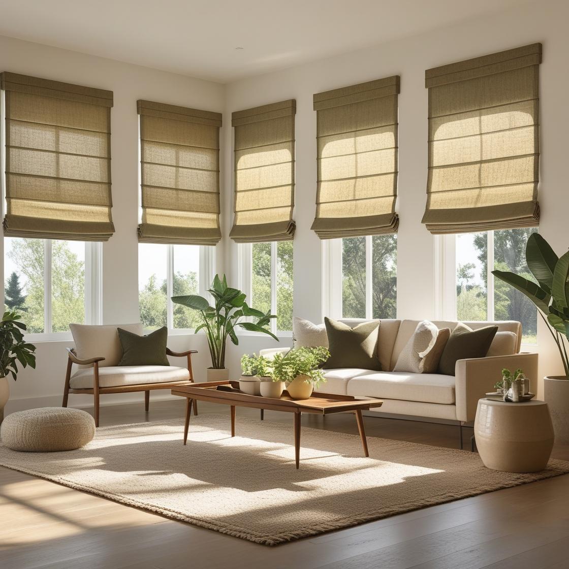 modern American living room in 2025 featuring large windows dressed with elegant Roman shades.