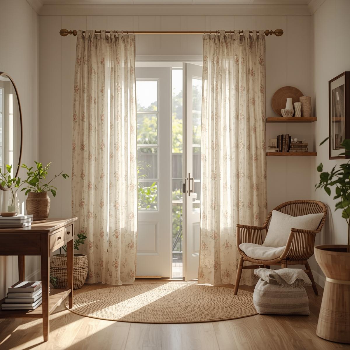 Cozy sunlit entryway with light floral block print curtains and rustic wooden decor