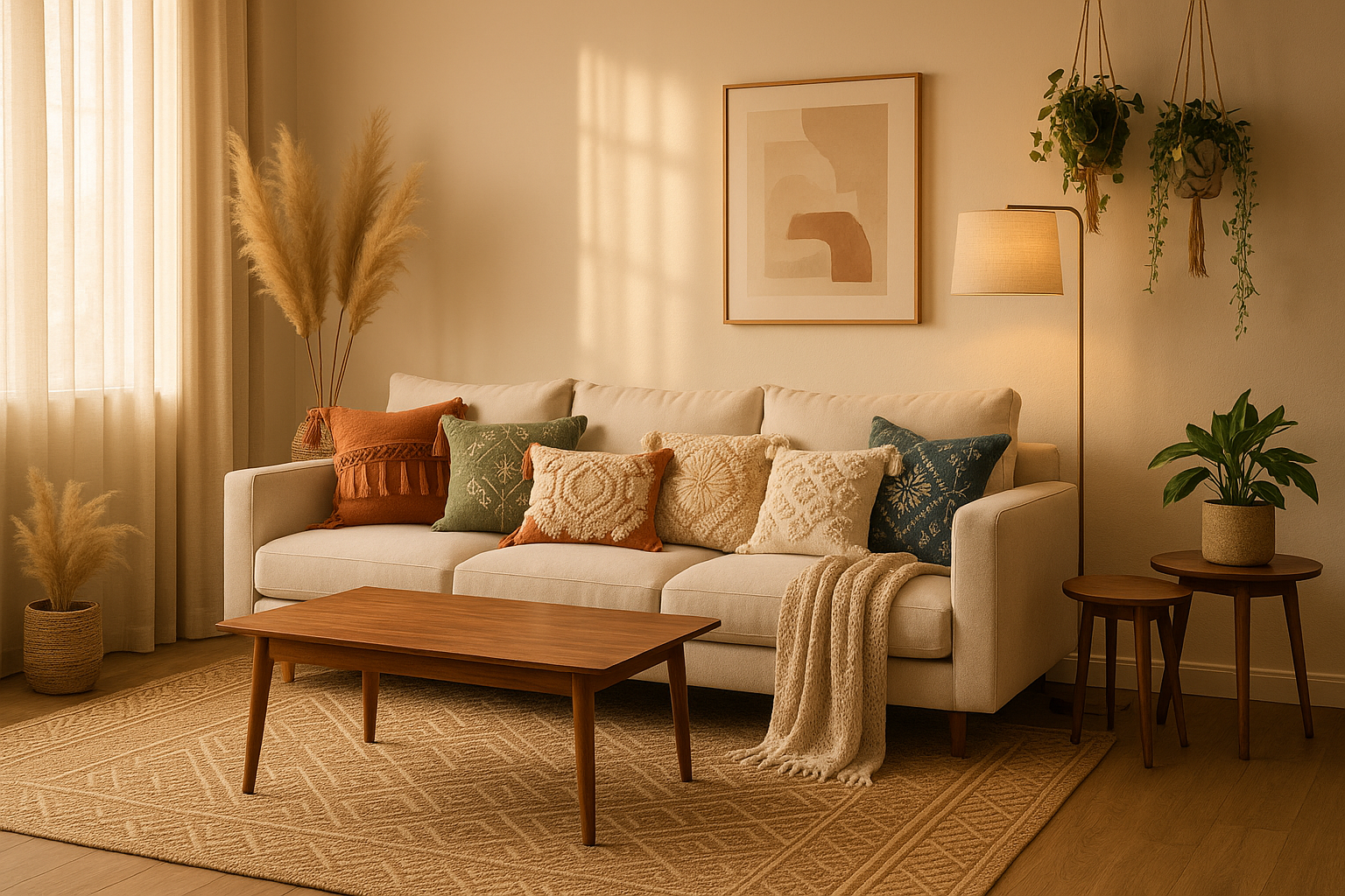 Modern boho living room with cozy throw pillows in earthy tones, featuring tassels, block prints, and soft textures on a neutral sofa.