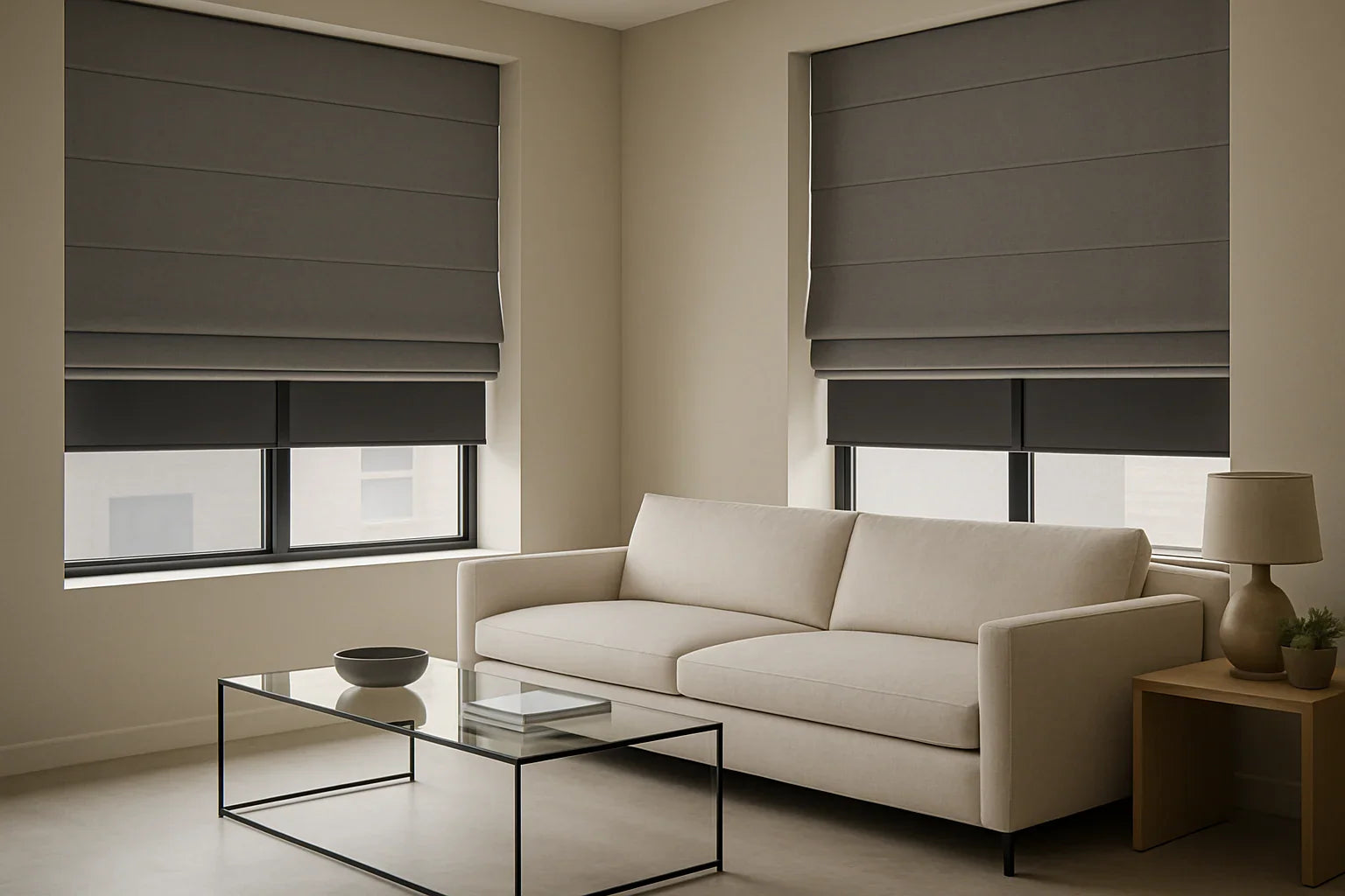 Modern minimalist living room with grey motorized Roman shades and a cream low-profile sofa.