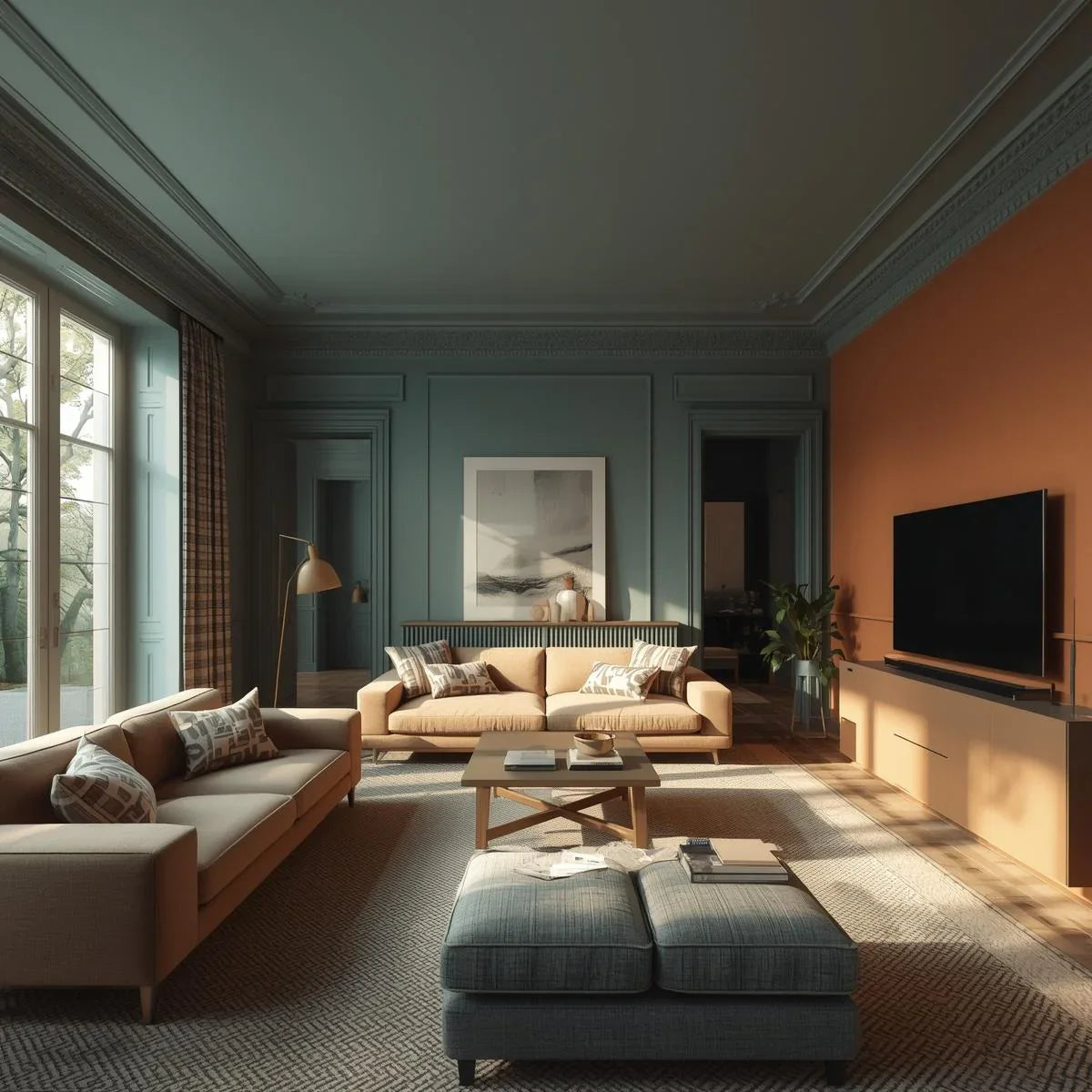 Interior with intense color palette, rich hues covering furniture, rugs, and curtains