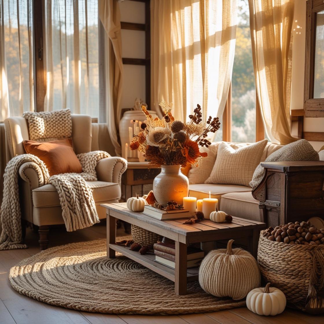 A sunlit farmhouse living room with white shiplap walls, exposed wooden ceiling beams, a soft cream linen sectional with patterned throw pillows