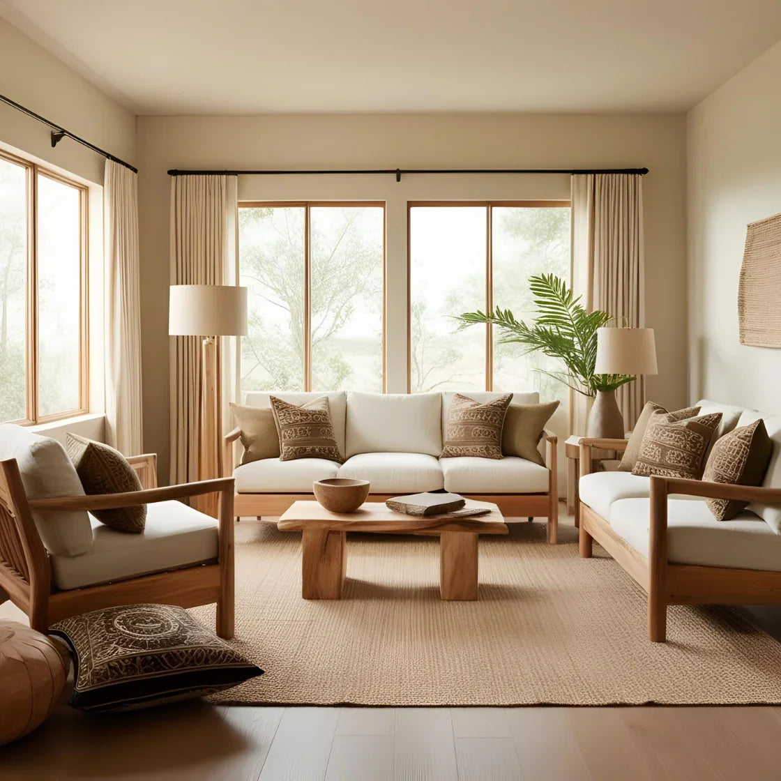 The space should include large windows with views of greenery, indoor plants, and subtle vertical garden features. Incorporate modular seating and elegant wooden flooring (preferably bamboo).