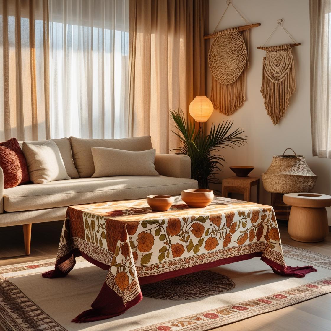 Block-printed tablecloth with detailed Indian motifs, spread across a dining table for a handcrafted, global-inspired setting.