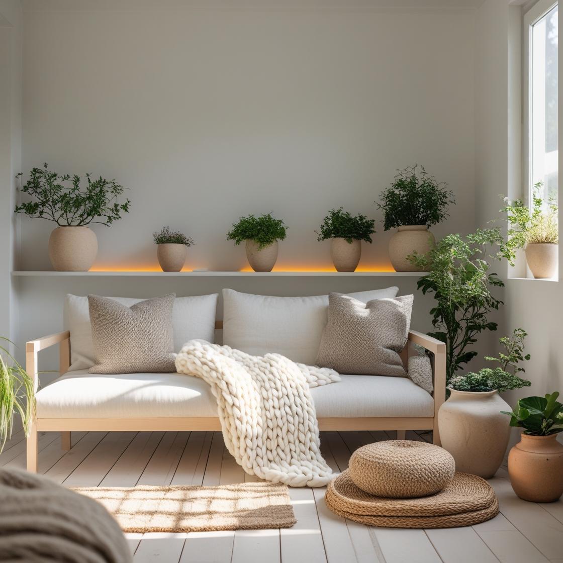 Cozy, functional couch decorated with neutral Scandinavian cushions and a boho-inspired block-print throw for added charm.