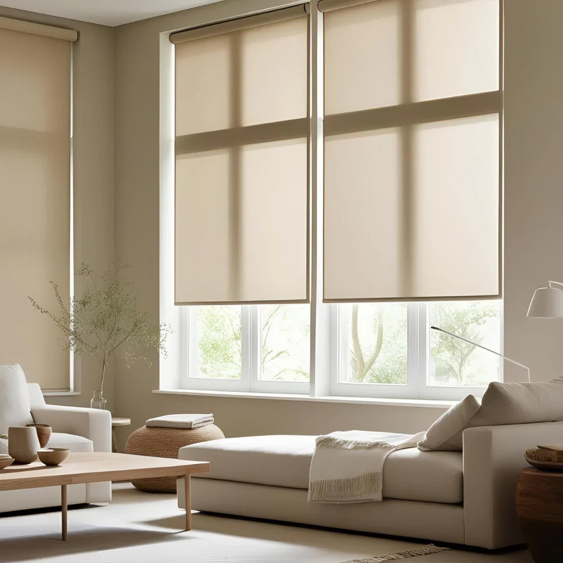 A cozy modern living room with natural light filtering through soft, neutral-toned roller shades.