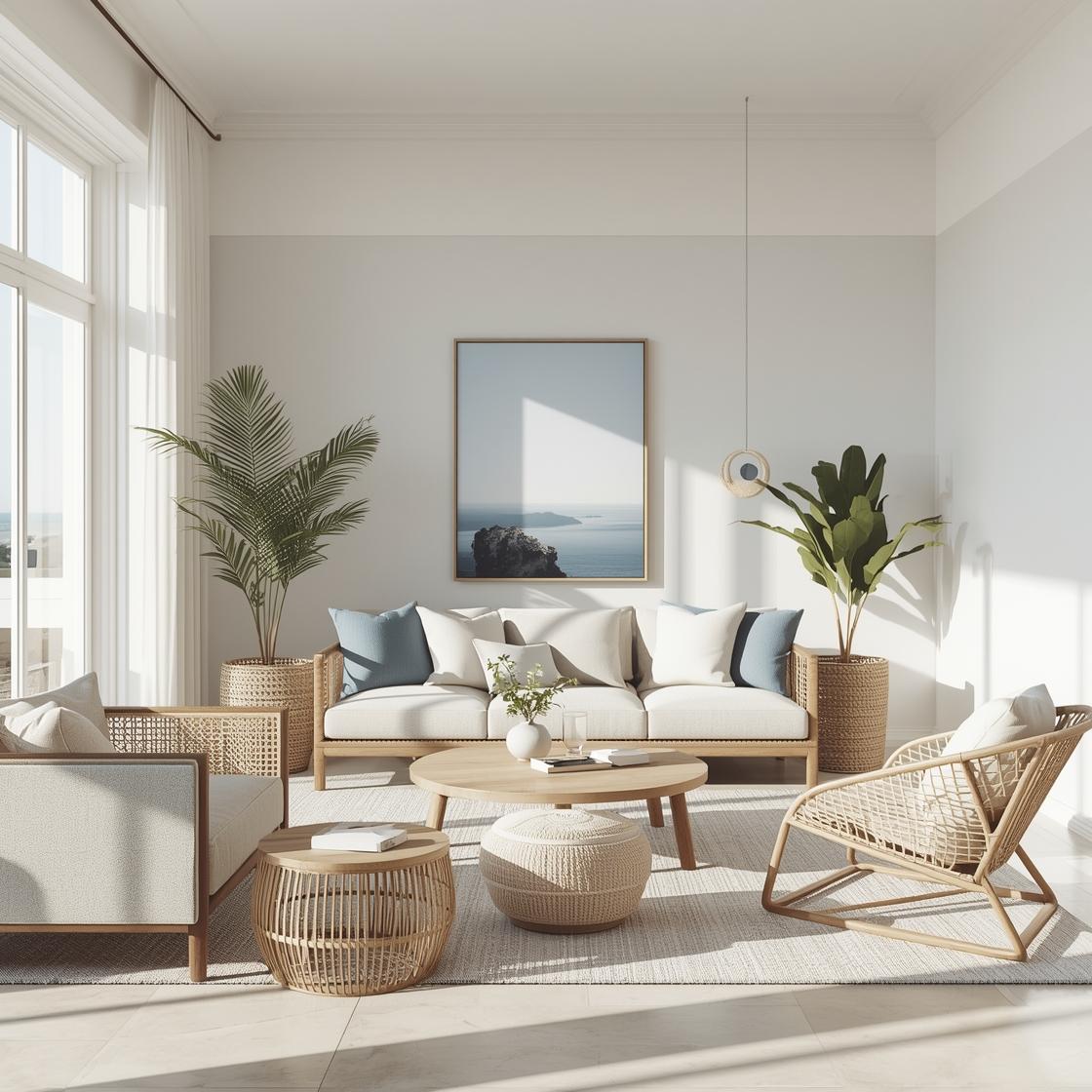 Minimalist modern coastal interior 2025, bright and airy living space, ocean-inspired palette of soft blues, whites, and beige, clean lines, natural light.
