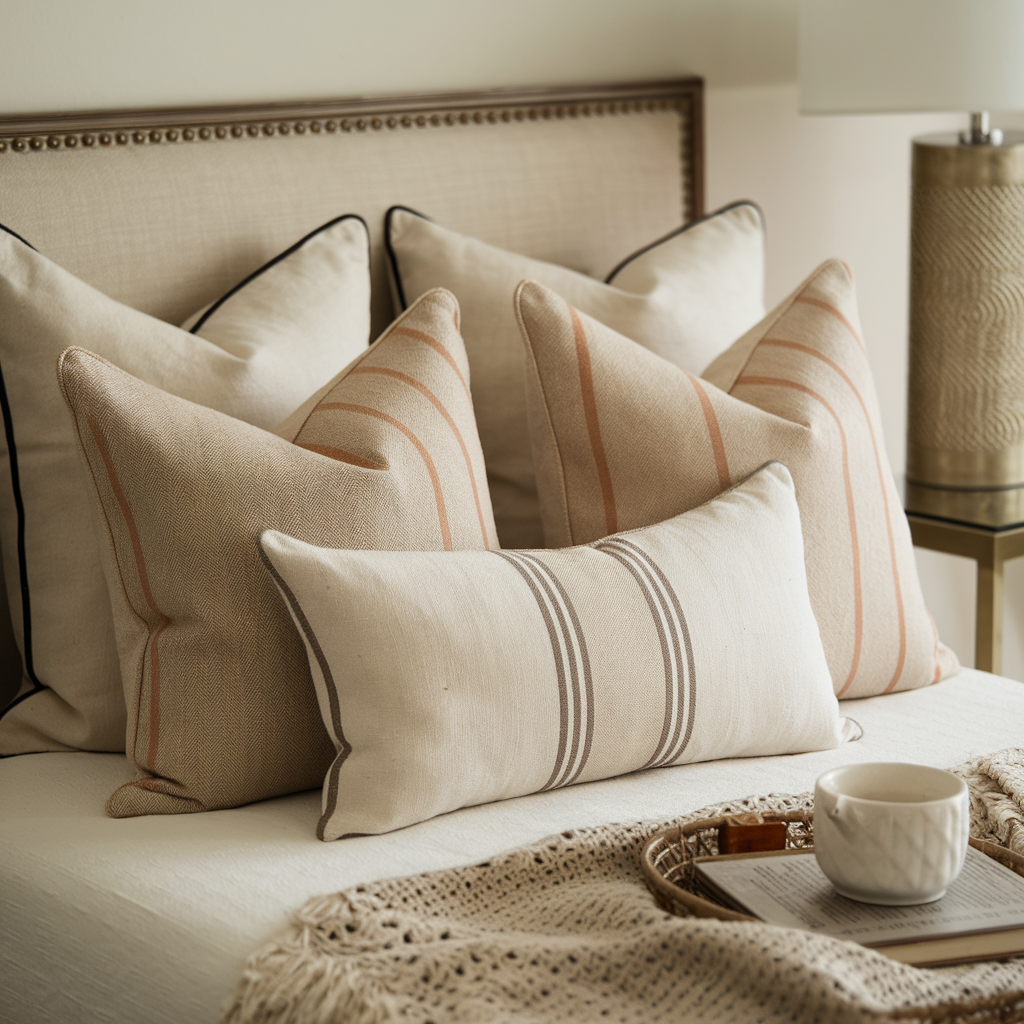A serene and sophisticated living space with elegant decor and warm Lumber pillow..
