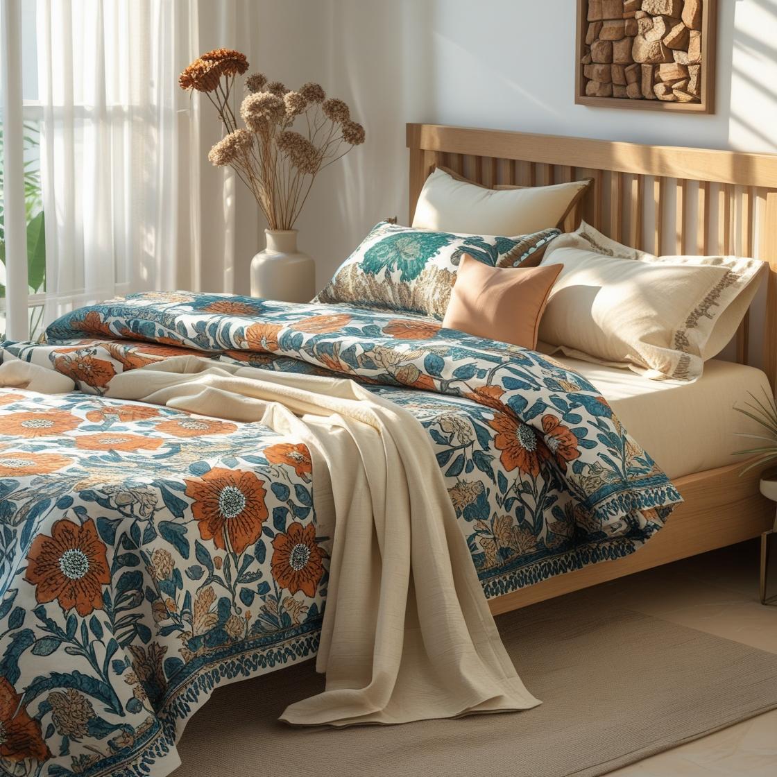 Luxurious block-printed cotton bedsheet with vibrant floral patterns in a bright, cozy bedroom