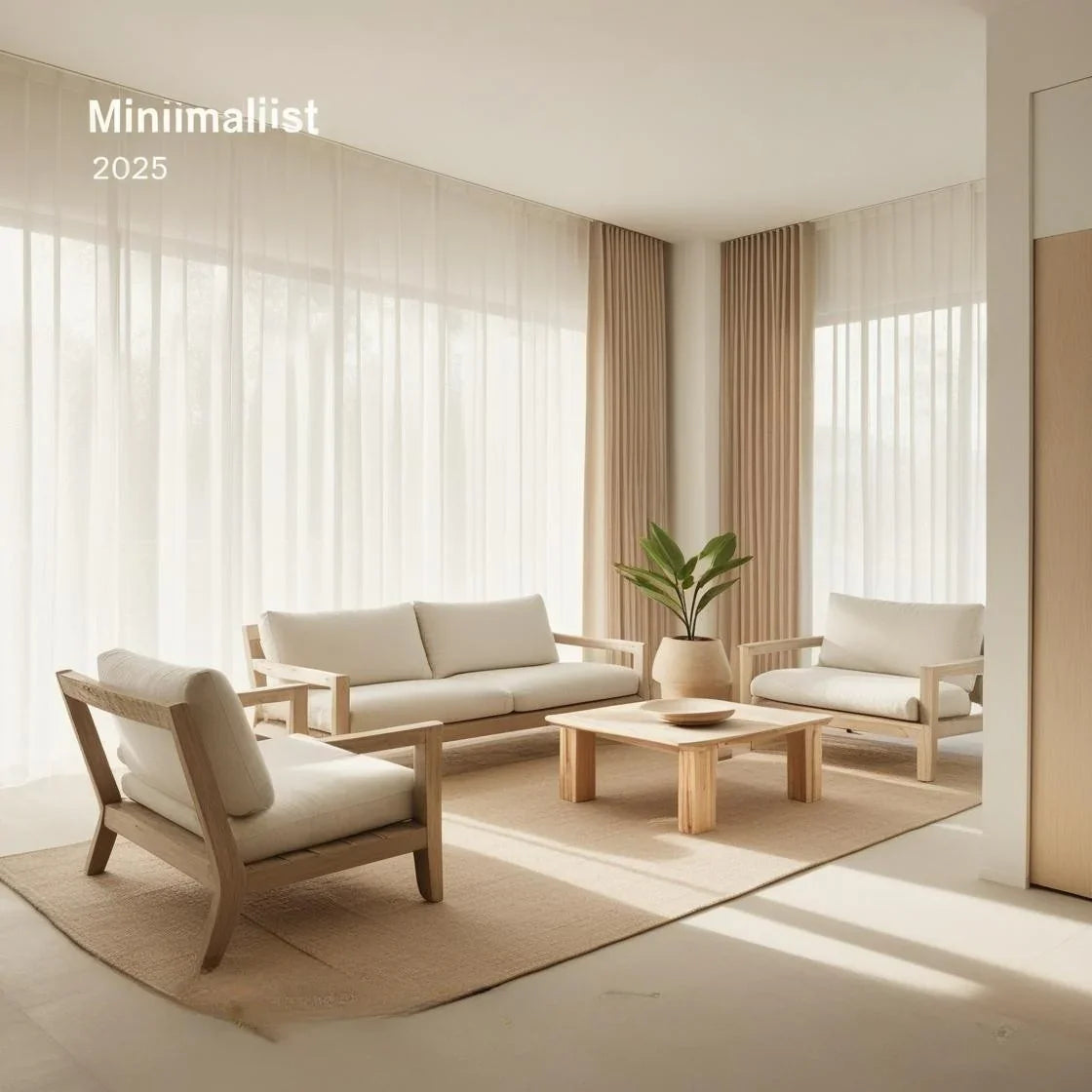A serene, modern minimalist interior designed for 2025, emphasizing sustainability, mindfulness, and peaceful living. 