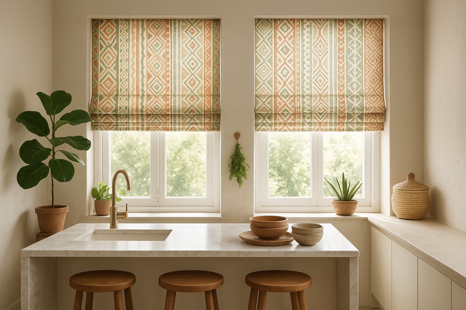 Modern kitchen corner with soft patterned Roman shades, wooden accents, and natural lighting, showcasing 2025’s top window decor trend.