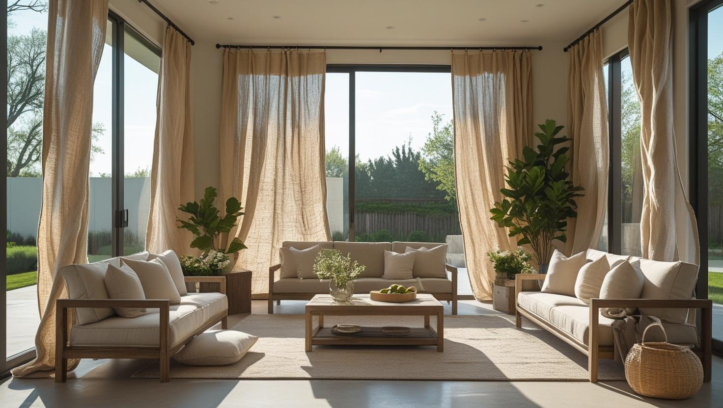 Farmhouse-style living room with soft beige linen curtains, vintage throw pillows, and rustic wooden furniture bathed in natural light.