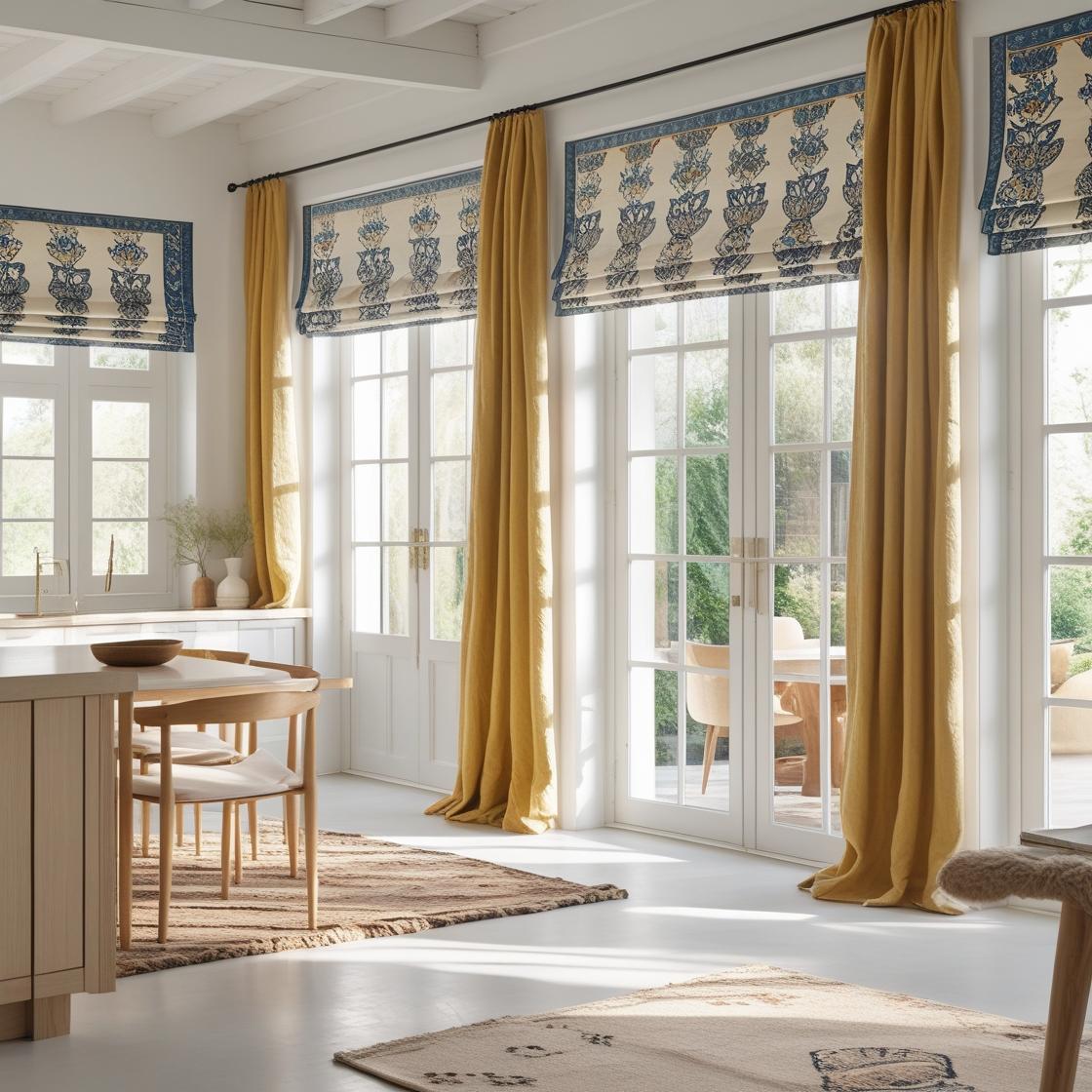 Block-printed Roman shades on French doors in a sunlit modern living room.