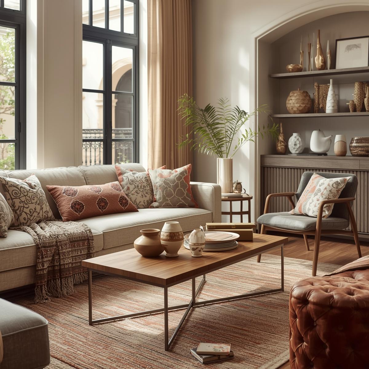 Cozy living room with Fabdivine hand-block printed cushions and warm decor