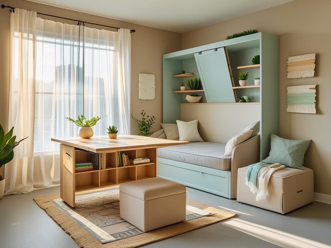 A cozy, modern small apartment interior with warm, natural lighting.