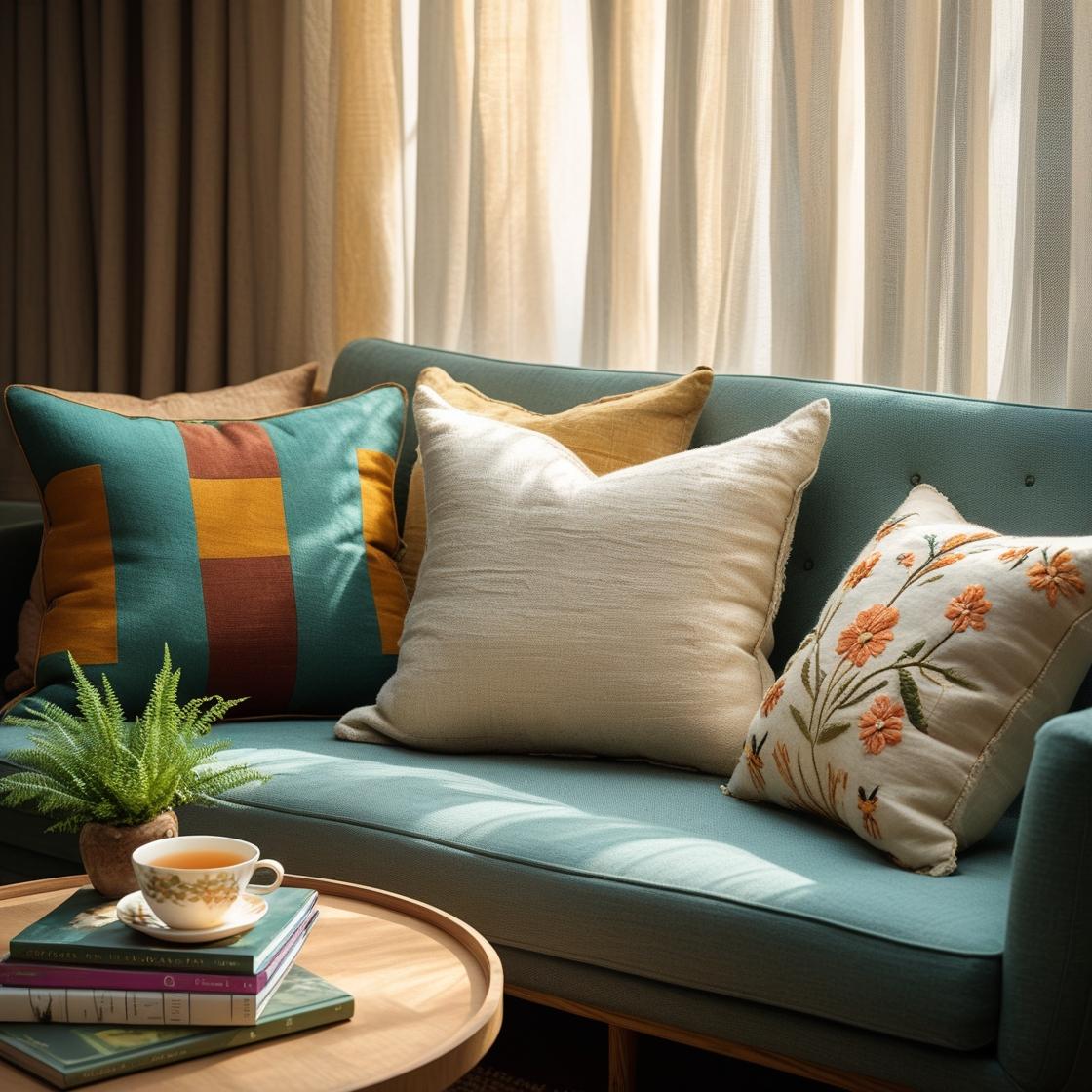 stylish living room corner featuring a modern sofa adorned with a coordinated set of decorative throw pillows.