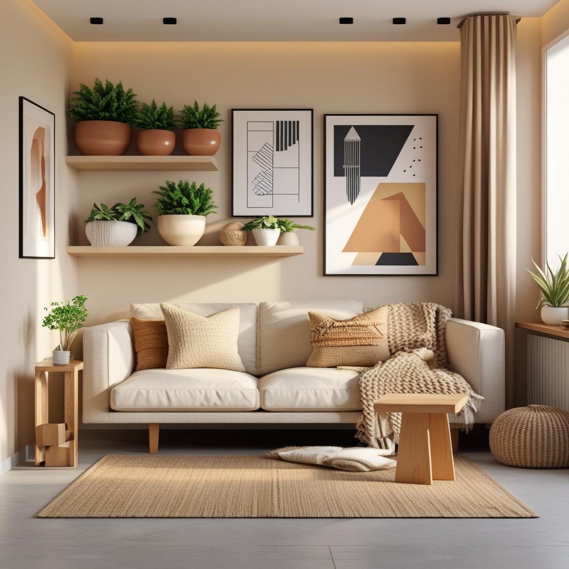 A cozy and thoughtfully arranged living room with furniture floated inward, away from the walls. A neutral-toned sofa set.
