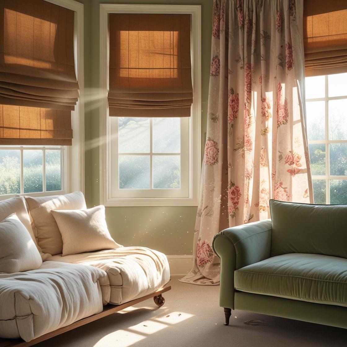 blending traditional craftsmanship with modern comfort of roman shade and printed curtains.
