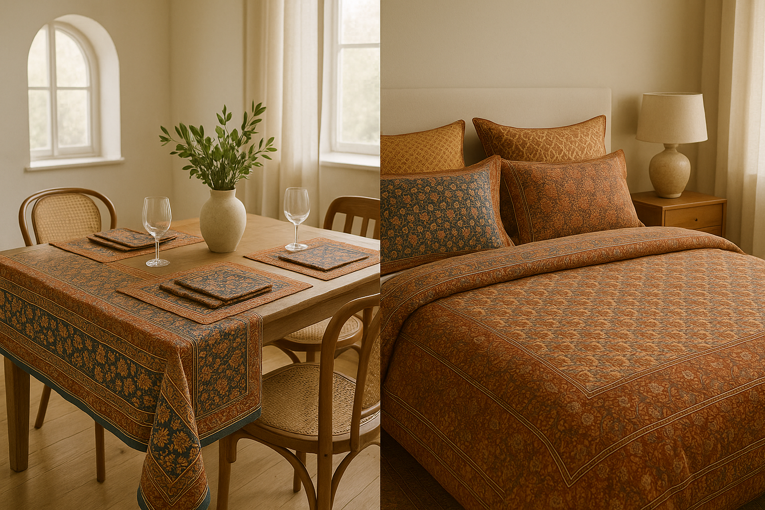 Warm bedroom with Indian block print duvet cover and euro shams, blending traditional craftsmanship with modern comfort in rich, earthy tones.